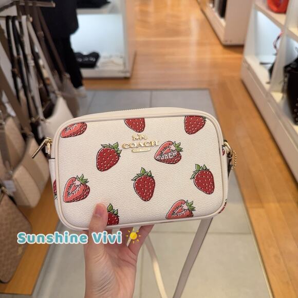 NWT Coach Mini Jamie Camera Bag Strawberry Print Pink CBA80 Chalk Multi